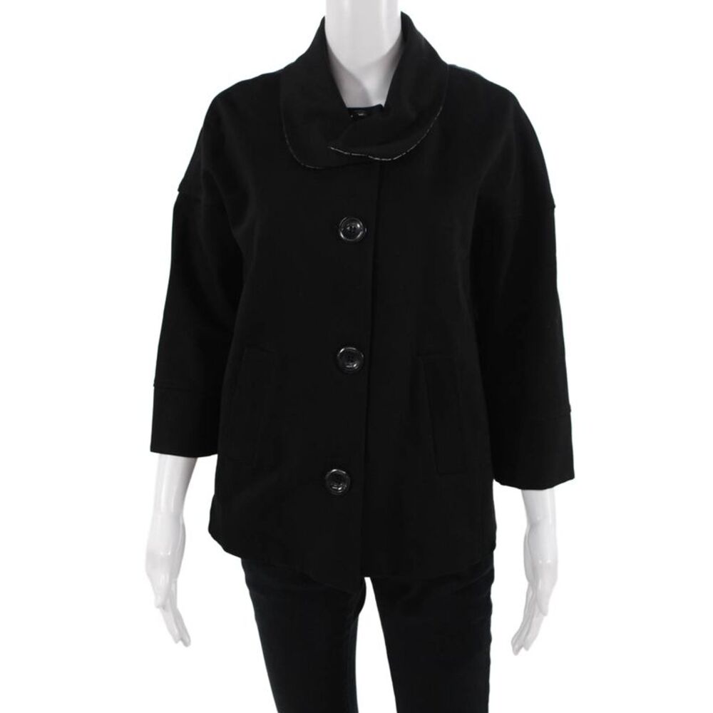 Luii Women Black Collared Button Jacket 3/4 Sleeve Classic Size L